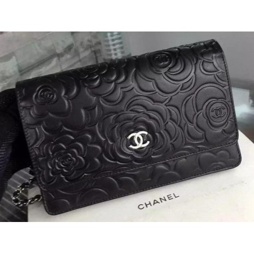 Chanel WOC Flap Bag Original Cuir Camélia Noir A5373 Argent