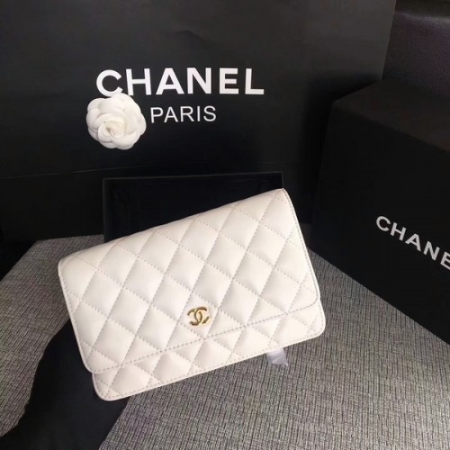 Sac à rabat Chanel WOC en cuir de mouton blanc d'origine 33814 Glod