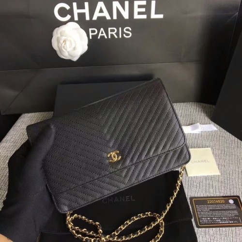 Chanel WOC Flap Sac à bandoulière en cuir de veau noir A33814 Or