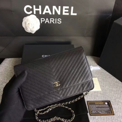 Chanel WOC Flap Sac à bandoulière Cuir de veau noir A33814 Argent