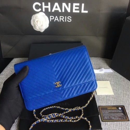Chanel WOC Flap Sac à bandoulière en cuir de veau bleu A33814 Or