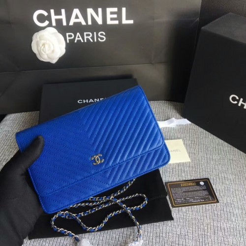 Chanel WOC Rabat Sac à Bandoulière Bleu Cuir de Veau A33814 Argent