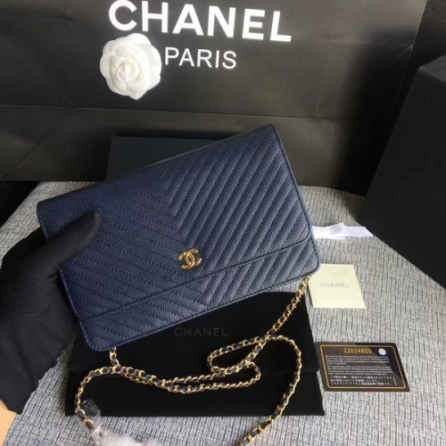 Chanel WOC Flap Sac à bandoulière en cuir de veau bleu foncé A33814 Or
