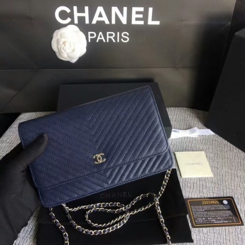Chanel WOC Flap Sac à bandoulière en cuir de veau bleu foncé A33814 Argent
