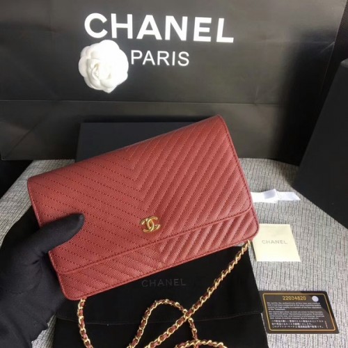 Chanel WOC Flap Sac à bandoulière en cuir de veau rouge foncé A33814 Or