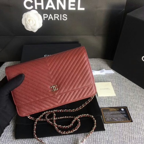 Chanel WOC Flap Sac à bandoulière en cuir de veau rouge foncé A33814 Argent