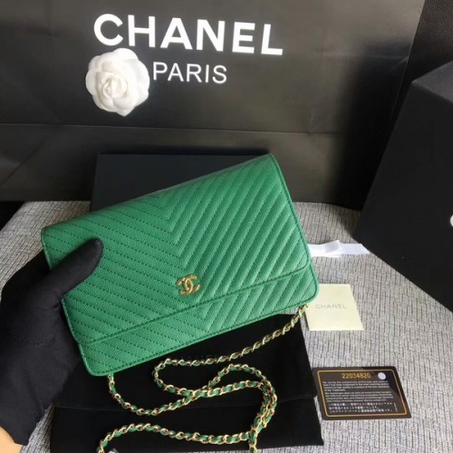 Chanel WOC Flap Sac à bandoulière en cuir de veau vert A33814 Or