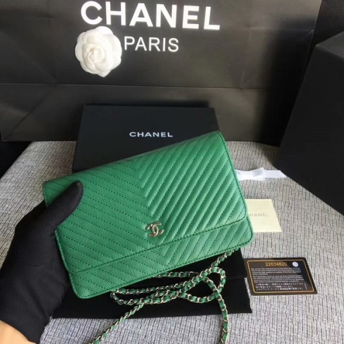 Chanel Sac à bandoulière à rabat WOC Cuir de veau vert A33814 Argent