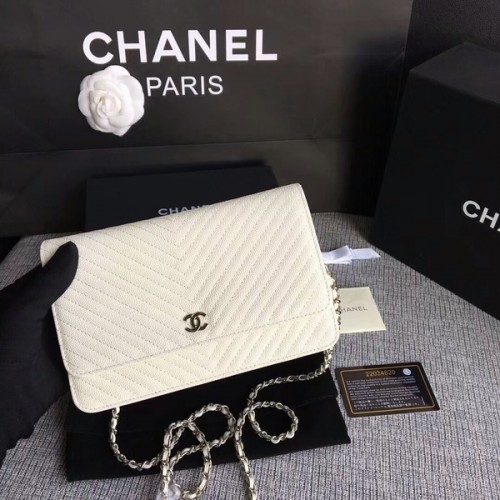 Chanel WOC Flap Sac à bandoulière en cuir de veau blanc cassé A33814 Argent