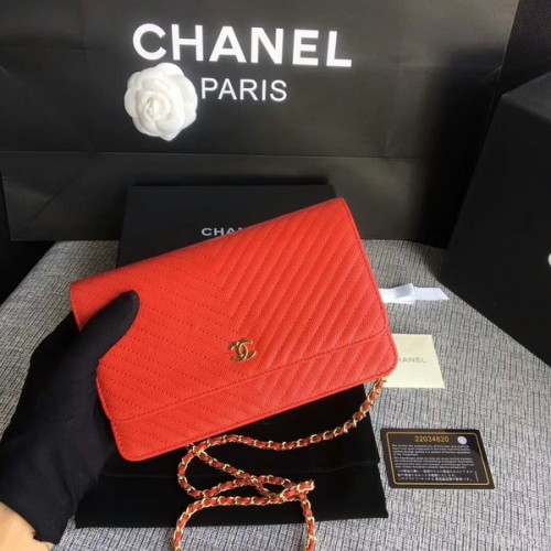 Chanel WOC Flap Sac à bandoulière en cuir de veau rouge A33814 Or