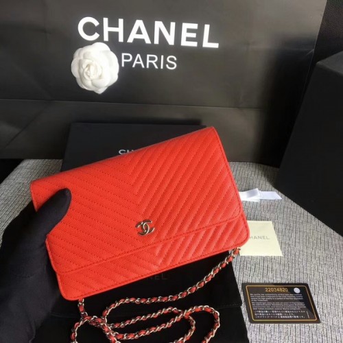 Chanel WOC Rabat Sac à Bandoulière Cuir de Veau Rouge A33814 Argent