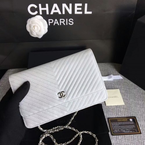 Chanel Sac à bandoulière à rabat WOC Cuir de veau blanc A33814 Argent
