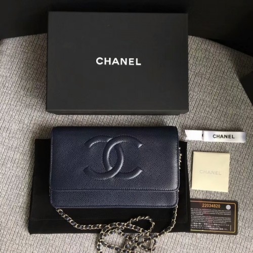 Chanel WOC Original Sac à bandoulière en cuir de veau bleu foncé 33814 Argent