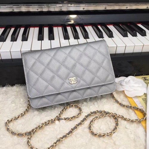 Sac bandoulière Chanel WOC Original Caviar Leather Flap CF33814 Gris argenté Chaîne dorée