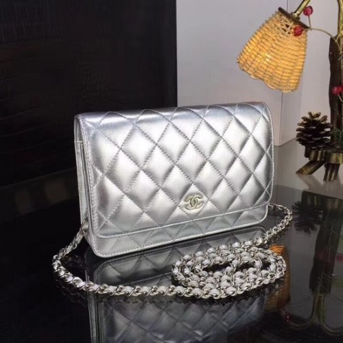 Sac bandoulière Chanel WOC Original en cuir de mouton à rabat CF33814 argent chaîne argentée