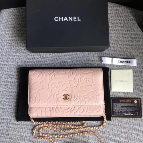 Mini sac à rabat en cuir de camélia rose Chanel WOC A33814 Or