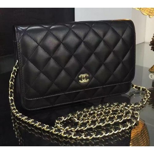 Chanel WOC mini sac à rabat en peau de mouton noir A5373 or
