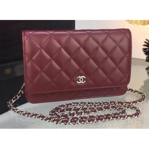 Mini sac à rabat Chanel WOC en peau de mouton bordeaux A5373 argent