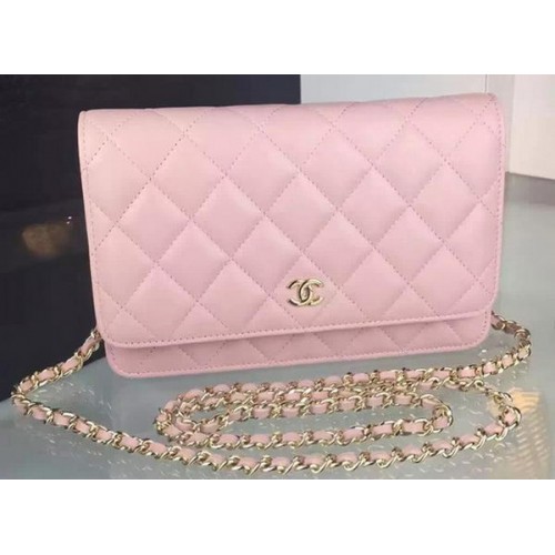 Chanel WOC mini sac à rabat en peau de mouton rose A5373 or