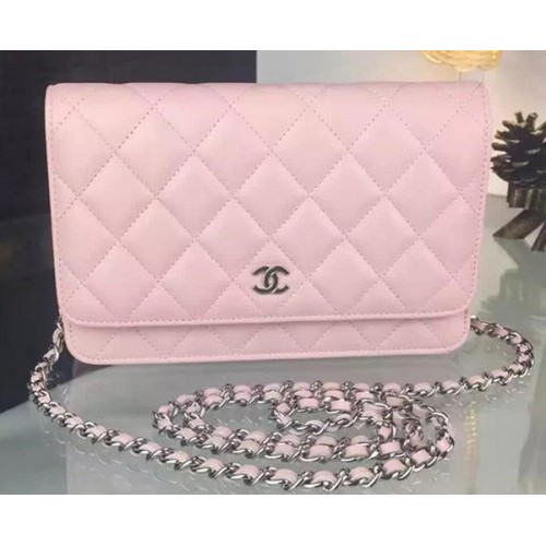 Mini sac à rabat Chanel WOC en peau de mouton rose A5373 argent