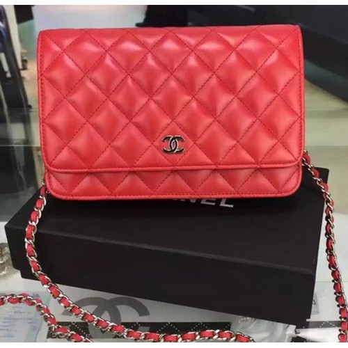 Chanel WOC mini sac à rabat en peau de mouton rouge A5373 argent