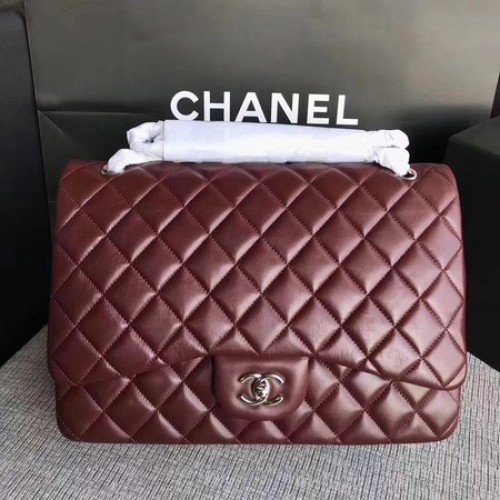 Chanel Maxi Sac à Rabat Classique Matelassé Vin Cuir de Mouton A58601 Argent