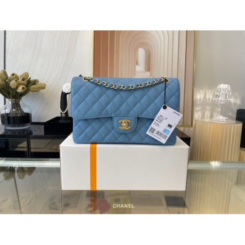 Chanel sac à main classique Veau Grainé&Métal Doré 01112 bleu ciel