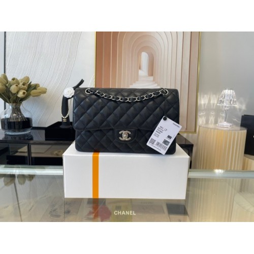 Chanel sac à main classique veau grainé&métal argenté 01112 noir