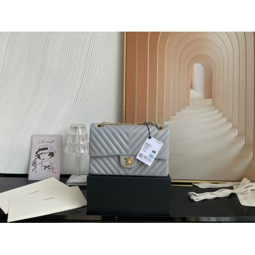 Chanel sac à main classique Agneau métal doré V01112 gris