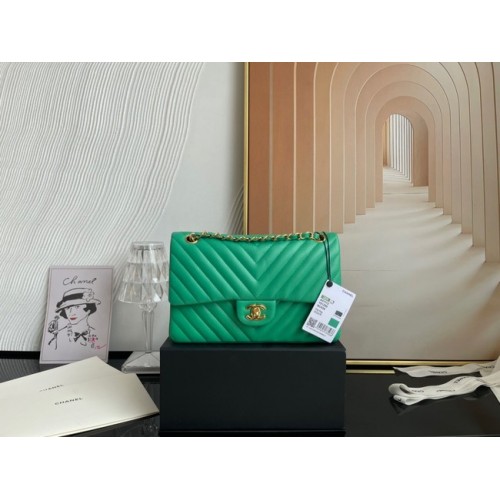 Chanel sac à main classique Agneau métal doré V01112 vert