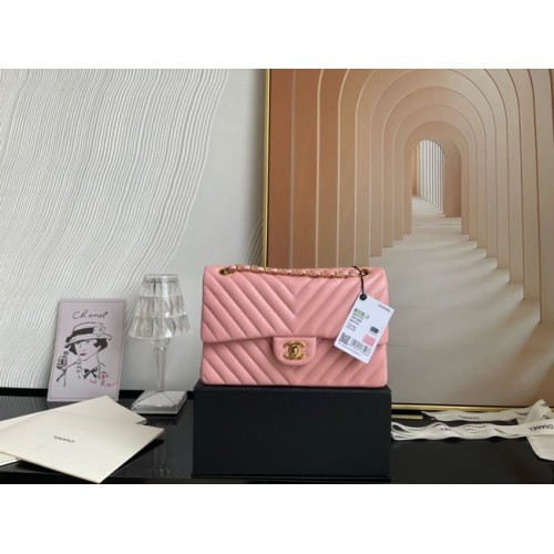 Chanel sac à main classique Agneau métal doré V01112 rose