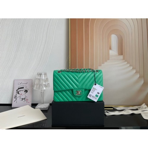Chanel sac à main classique Agneau métal argenté V01112 vert