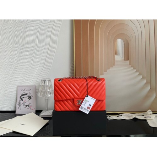 Chanel sac à main classique Agneau métal argenté V01112 orange