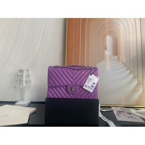 Chanel sac à main classique Agneau métal argenté V01112 violet