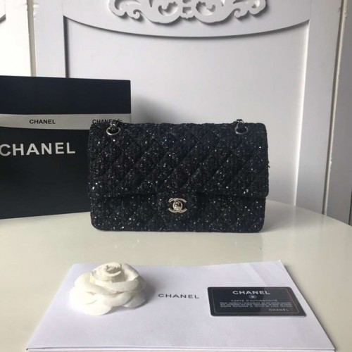 Chanel sac à main classique Tweed Tresse Métal Argenté A01112-2