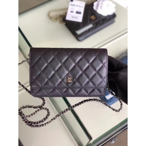 Chanel portefeuille classique sur chaîne Cuir de veau grainé Métal argenté 33814 Noir nacré