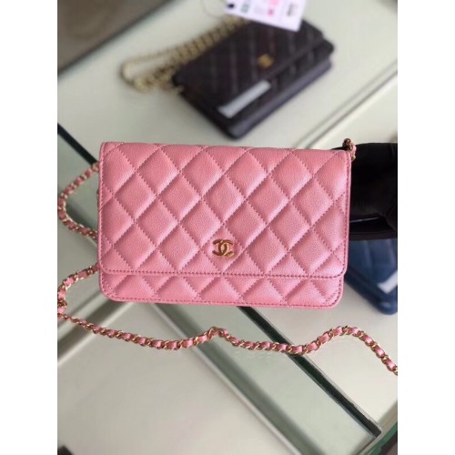 Chanel portefeuille classique sur chaîne Cuir de veau grainé Métal doré 33814 Rose nacré