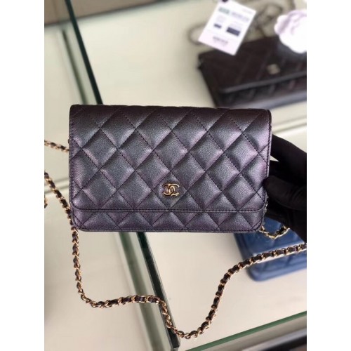 Chanel portefeuille classique sur chaîne Cuir de veau grainé Métal doré 33814 Noir nacré