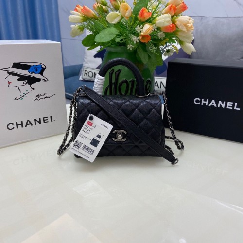 Chanel coco mini sac à rabat avec poignée supérieure AS2215 noir&métal argenté