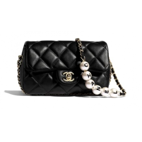 Chanel sac à rabat perles d'imitation AS1436 noir