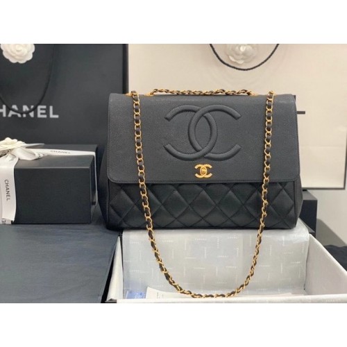 Chanel Sac à rabat Cuir de veau grainé Métal doré A92233 noir