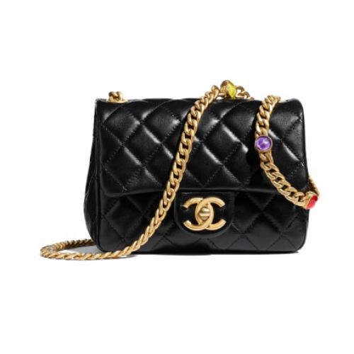 Chanel Sac à rabat Agneau Résine Métal Doré AS2379 Noir