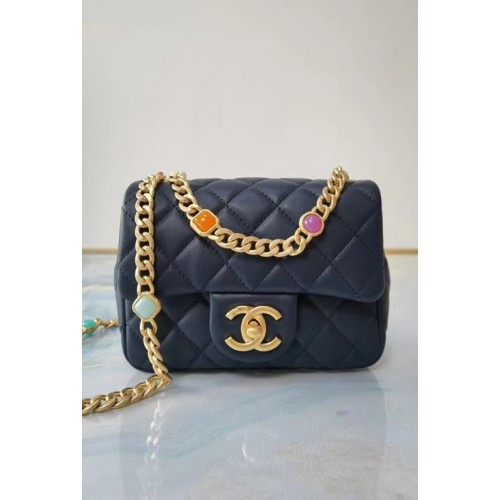 Chanel sac à rabat Agneau Résine Métal Doré AS2379 bleu foncé