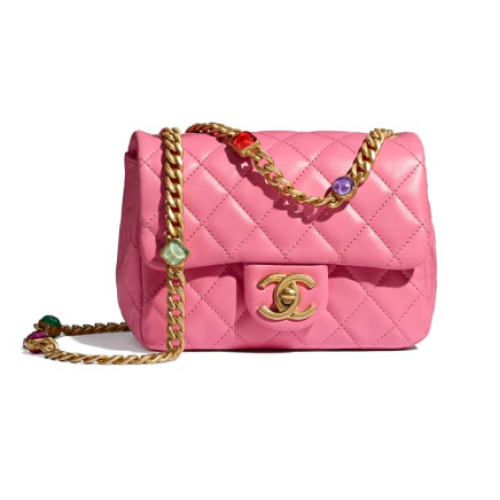 Chanel Sac à rabat Agneau Résine Métal doré AS2379 Rose