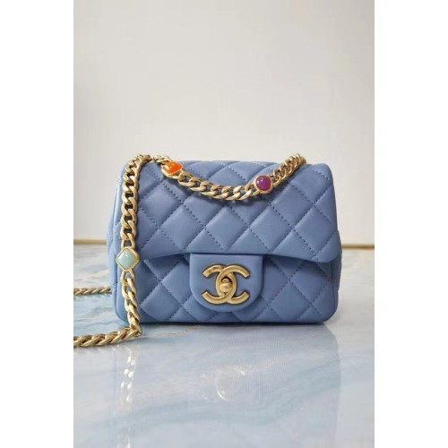 Chanel sac à rabat Agneau Résine Métal Doré AS2379 bleu ciel
