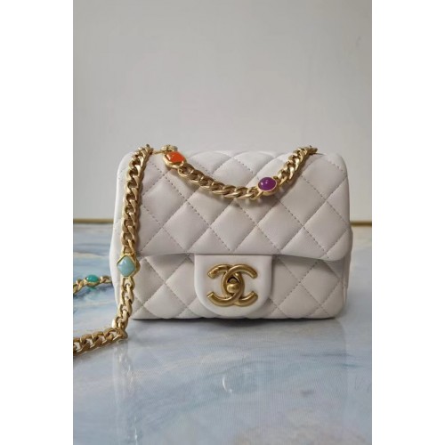 Chanel sac à rabat Agneau Résine Métal Doré AS2379 blanc