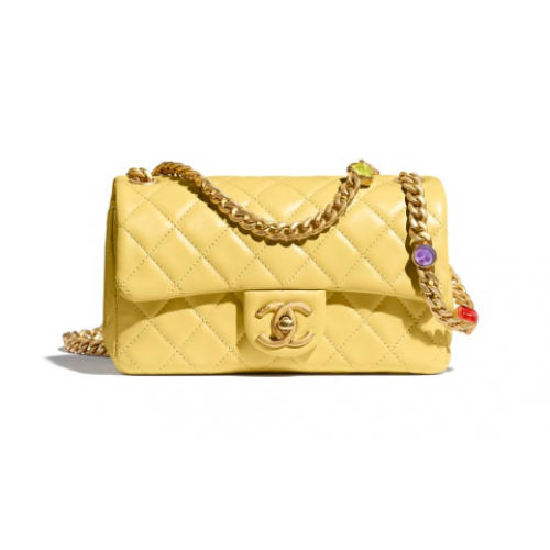 Chanel Sac à rabat Agneau Résine Métal doré AS2380 Jaune