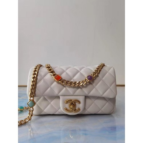 Chanel sac à rabat Agneau Résine Métal Doré AS2380 blanc