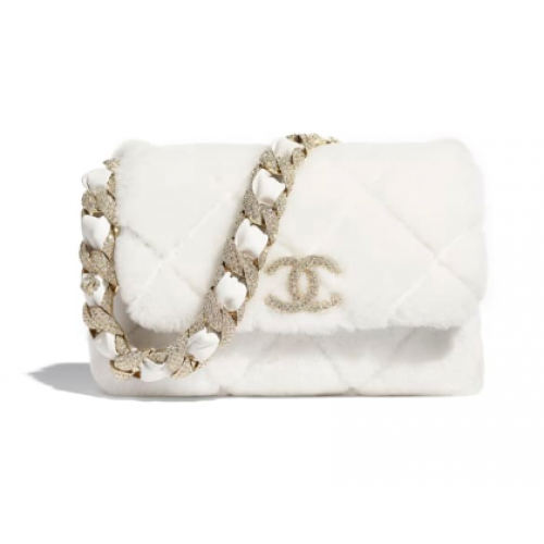 Chanel sac à rabat Shearling Agneau Strass Métal Doré AS2240 Blanc