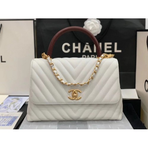 Chanel sac à rabat avec anse supérieure rouge V92991 blanc